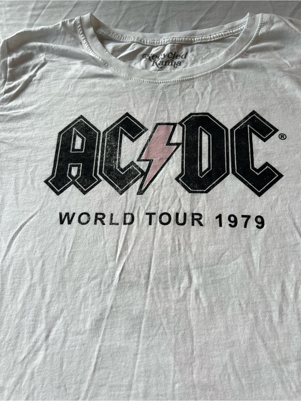 Karma White AC/DC World Tour 1979 Graphic Tee with Pink Bolt LG Back to School